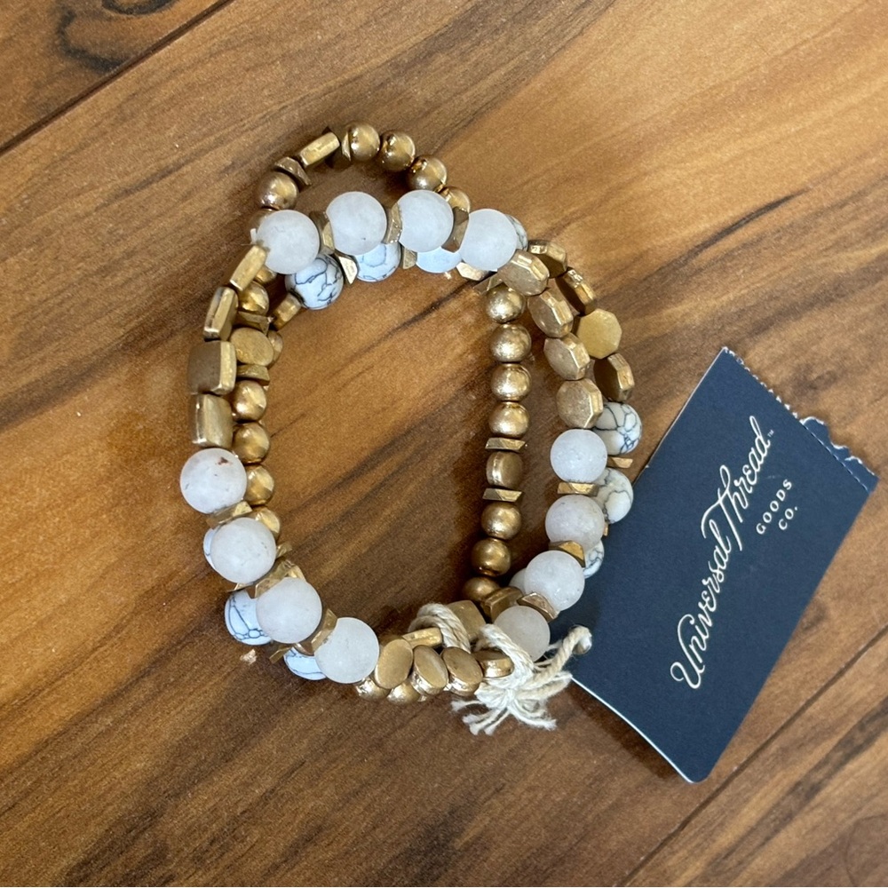Universal Thread White and Gold Beaded Stretch Bracelet Trio